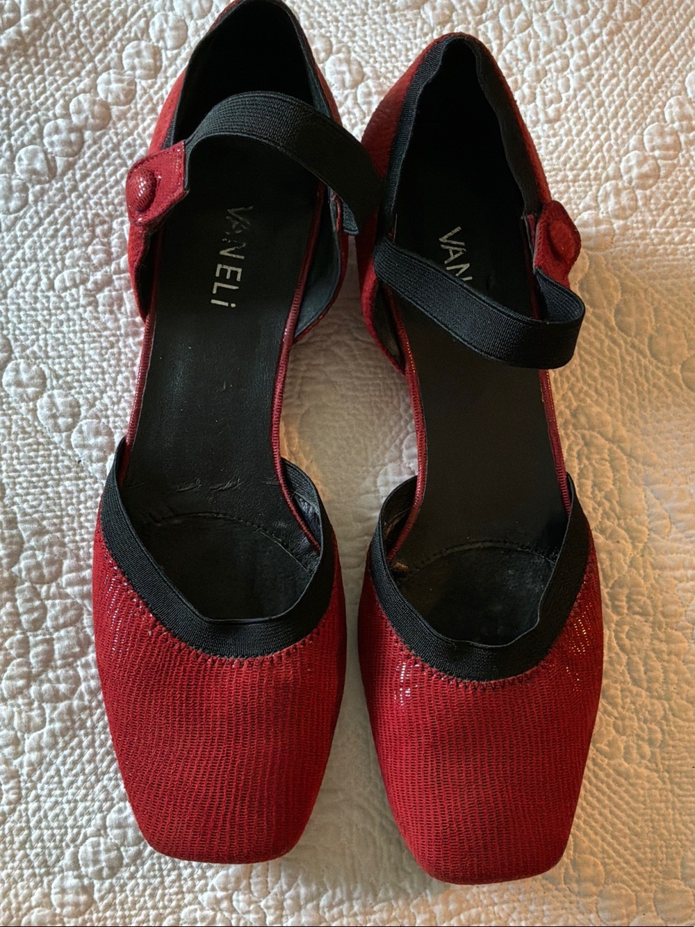 Vaneli Red Mary Jane Flats with Black Elastic Strap